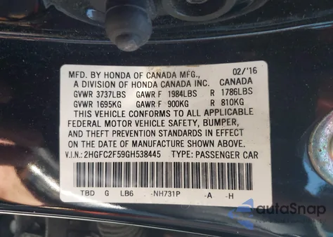 2016 Honda Civic Lx from USA, damaged, VIN 2HGFC2F59GH538445